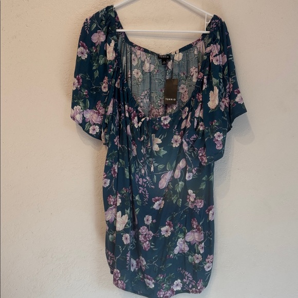 Torrid Slub Short Flutter Sleeve Melinda Floral Legion Teal Blue Women's Top 3X - Picture 10 of 13